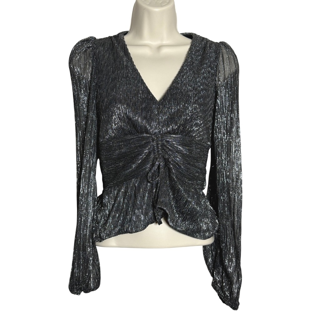 Sofia Vergara Womens Blouse Top XS Black Silver Peplum Metallic Coquette Holiday